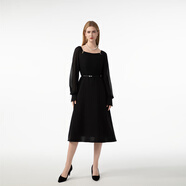 自然秀雅法式收腰腰帶歐根紗通勤宴會(huì )連衣裙女 黑色 S