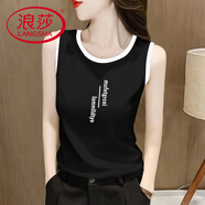 浪莎（LangSha）純棉無(wú)袖吊帶背心T恤衫女夏季新款韓版百搭休閑內(nèi)搭體恤上衣 黑色-兩行字母 2XL 130-145斤
