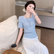 歐潤(rùn)娜2025夏新款時(shí)尚時(shí)尚休閑簡(jiǎn)約純色方領(lǐng)短袖T恤女短款修身百搭上衣 藍(lán)色 2XL 120-130
