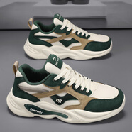 德?tīng)柣菽行杭拘驴钔笟膺\動(dòng)鞋男軟底減震跑步青年休閑百搭老爹厚底潮鞋 米綠桔 【贈送襪子】 39