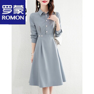 羅蒙（ROMON）女裝襯衫連衣裙女2025春秋新款褶皺翻領(lǐng)工裝職業(yè)裝OL純色中裙子女 霧藍(lán) M