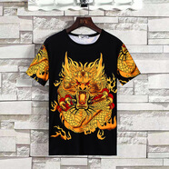 COLORFUL GEMS中國風(fēng)個(gè)性印花長(cháng)袖T恤男秋款圓領(lǐng)短袖衣服男裝廣州十三行 赤-短袖大龍頭 2XL 【建議125-145斤】