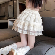 衣然呈品白色蕾絲蛋糕裙半身裙女夏季高腰顯瘦小個子a字裙公主蓬蓬裙短裙 白色 有安全褲（里布） L 【建議110-130斤】