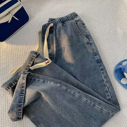 方黑灰色闊腿牛仔褲男女春夏季新款美式復古寬松直 XX繩中藍色x8/8-【高品質(zhì)】 M 建議【90-105斤】