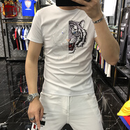 聯(lián)盟使者歐洲站男士絲光棉短袖T恤夏季新款重工燙鉆老虎頭印花韓版體恤衫 C254半臉老虎短袖白色 2XL