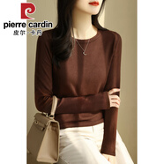 皮爾卡丹（pierre cardin）紫色圓領(lǐng)五分袖冰絲針織衫毛衣女春秋季新款正肩中袖打底上衣薄 2024深棕色長(zhǎng)袖2025 S 【建議80-100斤】