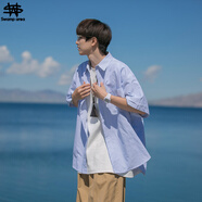 SWAMP AREA日系短袖襯衫男夏季潮流百搭寬松條紋工裝襯衣外套CS2512藍(lán)色XL