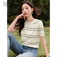 初申春夏短袖針織T恤女時尚圓領(lǐng)清爽條紋通勤休閑針織衫上衣S52T033