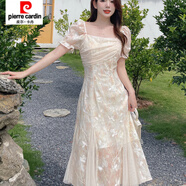 皮爾卡丹（pierre cardin）2025夏季新款雪紡碎花刺繡方領(lǐng)氣質(zhì)拼接不規(guī)則收腰 杏色 L