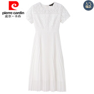 皮爾卡丹（pierre cardin）蕾絲連衣裙女夏裝2025新款白色雪紡大擺百褶裙子飄逸仙氣長(zhǎng)裙 白色 L 80-100斤