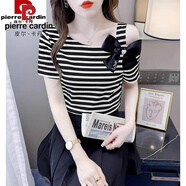 皮爾卡丹（pierre cardin）冰絲坑條紋短袖T恤女士夏季薄款修身蝴蝶結露肩別致顯瘦ins潮上衣 黑條【螺紋面料升級版，不起球】 M 建議95-110斤