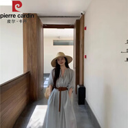 皮爾卡丹（pierre cardin）超好看度假風(fēng)遮手臂連衣裙女夏季大碼胖mm收腰遮肚帶口袋雪紡長裙 藍(lán)色連衣裙(優(yōu)質(zhì)版)【初戀/收腰/ 2XL (140-160斤)【夏季/夏裝/早