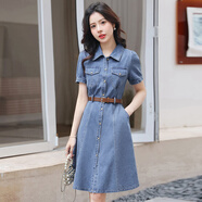 歐潤娜襯衣牛仔連衣裙女夏2025新款今年流行氣質(zhì)減齡顯瘦休閑a字牛仔裙 藍(lán)色 S 85-100