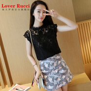 LOVER RUCCI蕾絲衫短袖女夏2025新款小衫打底衫大碼蕾絲花邊白色鏤空無(wú)袖上衣 黑色 經(jīng)典黑色 L 109-120斤