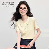 熙世界（sllsky）糖果紐扣氣質(zhì)翻領(lǐng)針織衫夏薄款短袖冰絲上衣2025夏天新款 奶油杏 L