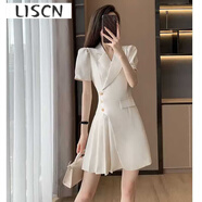 LISCN法式小香風(fēng)白色連衣裙夏季女裝裙子新款夏氣質(zhì)顯瘦百褶西裝裙女 白色 1236# L 【建議100-120斤】