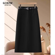 GCRZW輕奢氣質(zhì)半身裙女夏季2025新款開叉顯瘦a字西裝中長裙毛呢包臀裙 黑色-呢料 -后開叉 28/L建議110-120斤
