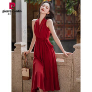 皮爾卡丹（pierre cardin）掛脖連衣裙夏小個子紅色長裙新娘晨袍禮服復古港風女裝吊帶紅裙子 酒紅色 配腰帶 S