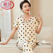 浪莎（LangSha）媽媽睡衣女年新款女士棉綢家居服套裝中老年人短袖兩件套夏季 【V領(lǐng)】墨點(diǎn)華裳 XL