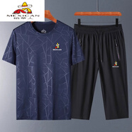 稻草人（MEXICAN）冰絲短袖七分褲休閑套裝中年男T恤速干運(yùn)動(dòng)服夏季5分褲寬松體恤衫 深藍(lán)色七分褲809 M 適合[85100斤]