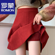 羅蒙（ROMON）百褶裙女2024秋冬新款加厚學(xué)院風(fēng)防走光短裙高腰通勤a字半身裙子 酒紅色 M