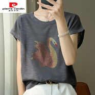 皮爾卡丹（pierre cardin）寬松t恤短袖蝙蝠袖24圓領(lǐng)夏季竹節(jié)棉上衣洋氣薄款百搭小衫大碼女 深灰色燙鉆T恤 M (建議85-105斤)