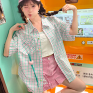 森女部落原創(chuàng)多巴胺糖果色元氣格紋襯衫寬松外套中袖上衣日常夏季 綠色格子（單件） 單件 M 單件