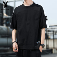 花花公子（PLAYBOY）男士短袖t恤夏季薄款透氣休閑上衣服2025新款白色半袖體恤男 黑色 M