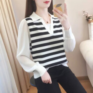 FHHUABDpolo領(lǐng)條紋針織衫女裝春秋2024年新款歐貨長(zhǎng)袖T恤假兩件雪紡上衣 白色條 2325 L 105-120