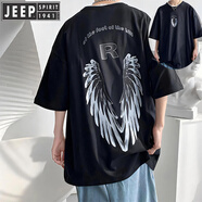 JEEP SPIRIT吉普t恤男美式高街設(shè)計(jì)感夜光翅膀短袖夏季潮牌重磅純棉半袖體恤 2025黑色【不發(fā)光款】 M (約80至100斤可穿)