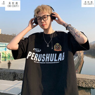 吳權灣美式復古棒球服機車(chē)短袖t恤男夏季歐美潮牌三條杠賽車(chē)服kpop穿搭 黑色 M