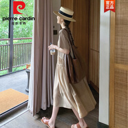 皮爾卡丹（pierrecardin）卡其色天絲連衣裙女夏2025新款高端氣質(zhì)寬松遮肚顯瘦a字長裙 卡其色 L 116-125斤