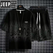 JEEP SPIRIT夏季青少年短袖運動休閑套裝t恤胖子加肥加大碼男裝寬松帥氣一套 D626 黑色 L