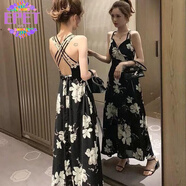 EPET2024夏季新款韓版中長(cháng)款印花露背性感吊帶連衣裙女度假大擺沙灘裙 主圖款 2XL 建議135-150斤