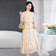 水墨佳人絲韻天香 真絲源頭工廠(chǎng) 桑蠶絲連衣裙寬松中大淑繡花連衣裙女9168 粉色 2XL 135-145