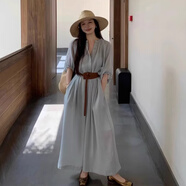 夏蓓朵新款法式感藍(lán)色連衣裙子2025夏季女裝小個子海邊度假休閑收腰長裙 藍(lán)色 L 55/60kg