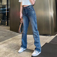 2024新款微喇叭褲女牛仔褲歐美CE賽林夏季高腰直筒寬褲松窄版長(zhǎng)褲 藍(lán)色 27 102-110斤
