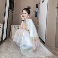 S.SOFEA歐美風(fēng)網(wǎng)紗拼接中長(cháng)款連衣裙夏季短袖恤裙 白色 L