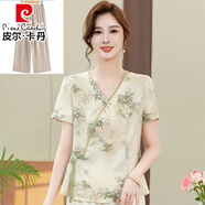 皮爾卡丹（pierre cardin）媽媽夏裝新款短袖國(guó)風(fēng)中老年女新中式洋氣T恤小衫棉麻兩件裝薄 【強(qiáng)烈推薦 熱賣款綠色上衣+杏褲 4XL 135-150斤