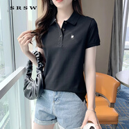 SRSW 短袖T恤女POLO領(lǐng)夏季新款簡(jiǎn)約百搭通勤POLO衫涼爽透氣減齡顯瘦女 黑色 L  建議100-115斤