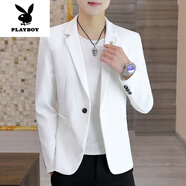 花花公子（PLAYBOY）韓版休閑春夏西服套裝男士修身商務(wù)七分袖短袖新郎時(shí)尚休閑小西裝 白色(單件西服) 長(zhǎng).袖 M 建議80-100斤