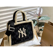 韓國MLB托特包羊羔毛洋基隊ny滿標男女百搭手提斜挎潮流 羊羔毛黑色 包+禮盒禮袋