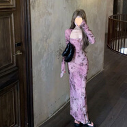 姿偉祺印花修身長袖方領(lǐng)連衣裙女夏季粉色顯瘦長裙開叉收腰包臀裙子 紗網(wǎng)連衣裙【淺粉色】 S (建議95斤內(nèi))