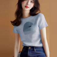 小衫冰絲正肩短袖T恤女2025夏季新款設計感百搭印花上衣女裝 7334-藍色 均碼 建議85-120斤