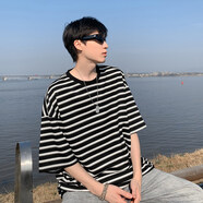 普戈斯薄款條紋?；甏虻咨腊攵绦銽恤男肥佬加大碼潮牌胖子寬松百搭夏裝 A001-T5085黑色 XL 125-145斤