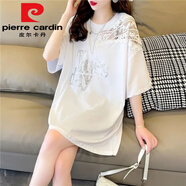 皮爾卡丹（pierre cardin）蕾絲拼接韓版寬松中長(zhǎng)款ins潮短袖T恤大碼顯瘦夏季胖m300斤上衣潮 白色2908今年流行的輕奢品牌 M 建議（80-115斤）