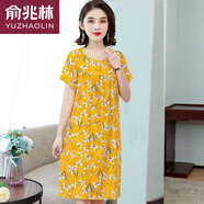 俞兆林夏季棉綢睡裙女中老年媽媽睡衣人造棉連衣裙中長(cháng)款寬松大碼家居服 有袖精品【黃底喇叭花】 3XL 130-155斤