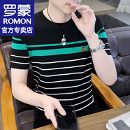 羅蒙（ROMON）冰絲短袖t恤男士夏季薄款速干條紋短袖男打底衫半袖上衣服男裝 WE935黑色 L （約100-120斤可穿）