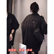 歐洲站春秋牛仔棉襯衫女中長款秋冬新款休閑韓版寬松百搭襯衣外套 牛仔黑色款加絨 M