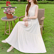 皮爾卡丹夏季棉綢坎肩連衣裙新款外穿海邊吊帶沙灘裙女無(wú)袖旅游裙子長(cháng)裙 米白色 5XL 建議155-170斤
